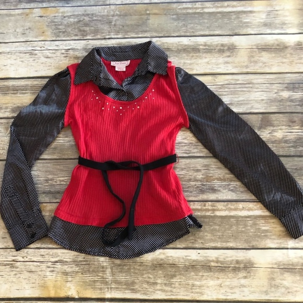 Girls red and black silk blouse with vest; Size 7/8 so fancy and tres chic!